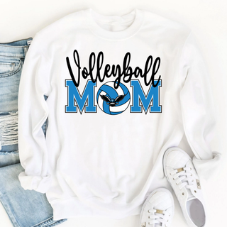 White crewneck sweatshirt with script Volleyball lettering arched over stacked blue MOM block letters, with a volleyball and NEK Nighthawks mascot badge standing in for the O