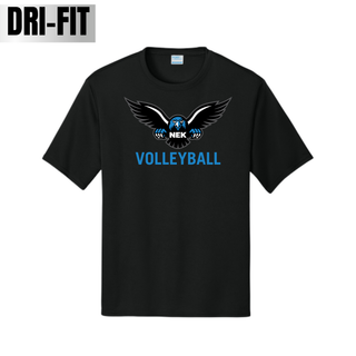 Black Dri-Fit performance top with the NEK Nighthawks mascot badge and VOLLEYBALL lettering on the chest