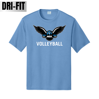 Carolina blue Dri-Fit performance top with the NEK Nighthawks mascot badge and VOLLEYBALL lettering on the chest