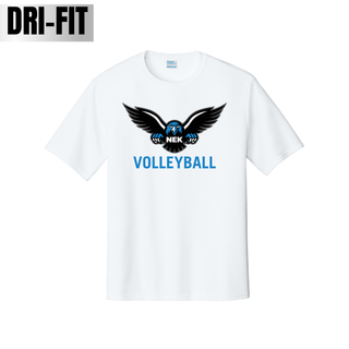 White Dri-Fit performance top with the NEK Nighthawks mascot badge and VOLLEYBALL lettering on the chest