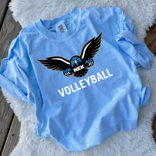 Light blue Comfort Colors t-shirt with NEK Nighthawks mascot badge and VOLLEYBALL lettering printed on the chest, worn by model