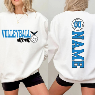 white top front and back showing Volleyball mom design with NEK mascot badge on front and custom volleyball number and name print on back
