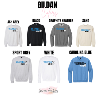NEK Northeast Kansas Nighthawks Volleyball Mom top shown in Gildan colors: ash grey, black, graphite heather, sand, sport grey, white, and Carolina blue