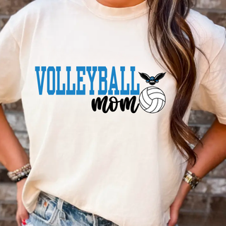 model wearing ivory tee with Volleyball mom lettering, volleyball graphic, and NEK Nighthawks mascot badge