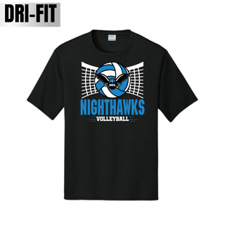 Black Dri-Fit performance top with a volleyball and net graphic featuring the NEK Nighthawks mascot badge, with NIGHTHAWKS VOLLEYBALL lettering underneath
