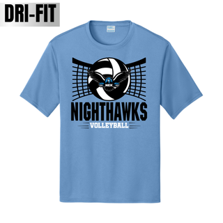 Carolina blue Dri-Fit performance top with a volleyball and net graphic featuring the NEK Nighthawks mascot badge, with NIGHTHAWKS VOLLEYBALL lettering underneath