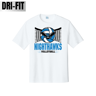 White Dri-Fit performance top with a volleyball and net graphic featuring the NEK Nighthawks mascot badge, with NIGHTHAWKS VOLLEYBALL lettering underneath