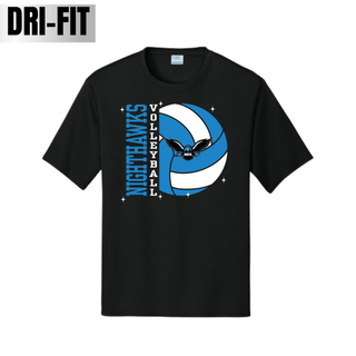 Carolina blue Dri-Fit performance top with stacked Nighthawks Volleyball lettering and volleyball graphic featuring the NEK hawk mascot badge