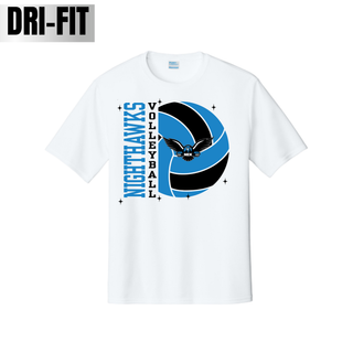 NEK Northeast Kansas Nighthawks Volleyball performance top shown in Dri-Fit colors: white, silver, Carolina blue, and black