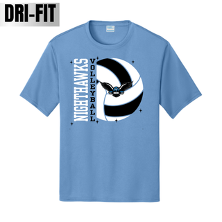 White Dri-Fit performance top with stacked Nighthawks Volleyball lettering and volleyball graphic featuring the NEK hawk mascot badge