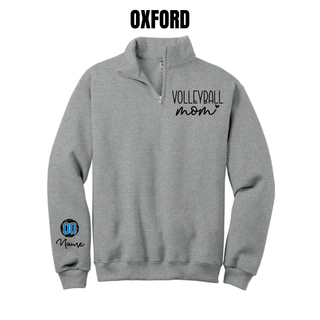 Oxford grey quarter-zip with VOLLEYBALL mom lettering on the chest and a volleyball graphic with custom number and name on the sleeve