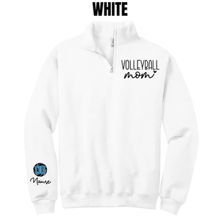 White quarter-zip with VOLLEYBALL mom lettering on the chest and a volleyball graphic with custom number and name on the sleeve