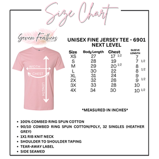 Next Level 6901 unisex fine jersey tee size chart with body length chest and sleeve measurements for sizes XS through 4X