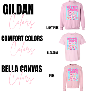 Gildan light pink crewneck, Comfort Colors blossom tee, and Bella Canvas pink crewneck color options
