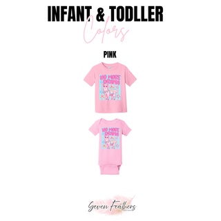 Infant and toddler pink tee and onesie color options for no more drama llama graphic
