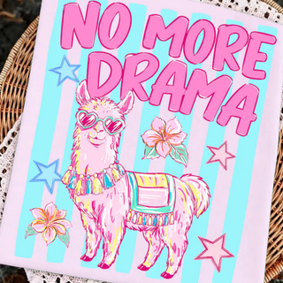 Blossom pink tee close up with no more drama colorful llama in heart sunglasses stars and flowers graphic
