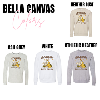 Bella Canvas crewneck color options in heather dust, ash grey, white, and athletic heather

