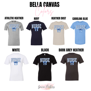 Nurse Chinoiserie Bow Bella Canvas tee in athletic heather, navy, heather dust, carolina blue, white, black, dark grey heather