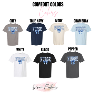 Nurse Chinoiserie Bow Comfort Colors tee in grey, true navy, ivory, chambray, white, black, pepper