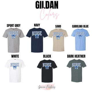 Nurse Chinoiserie Bow Gildan tee in sport grey, navy, sand, carolina blue, white, black, dark heather