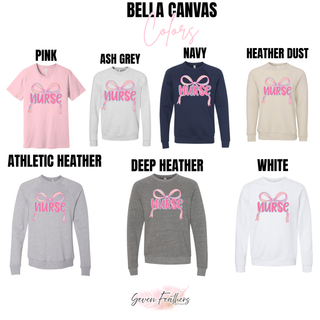 Bella Canvas nurse coquette ribbon top in pink, ash grey, navy, heather dust, athletic heather, deep heather, and white
