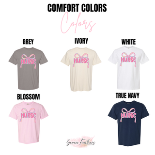 Comfort Colors nurse coquette ribbon tee in grey, ivory, white, blossom, and true navy
