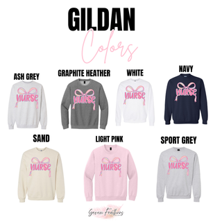 Gildan nurse coquette ribbon crewneck in ash grey, graphite heather, white, navy, sand, light pink, and sport grey
