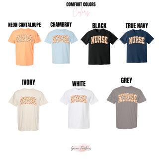 Nurse Daisy Arch Comfort Colors adult tee in neon cantaloupe, chambray, black, true navy, ivory, white, grey