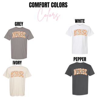 Nurse Daisy Arch Comfort Colors tee in grey, white, ivory, and pepper