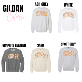 Nurse Daisy Arch Gildan crewneck in ash grey, white, graphite heather, sand, sport grey