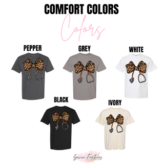 Nurse Leopard Stethoscope Bow Shirt Comfort Colors tee in pepper, grey, white, black, ivory