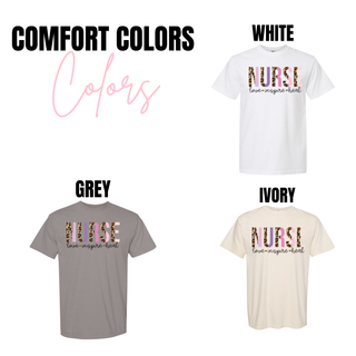 Comfort Colors NURSE love inspire heal tee in white, grey, and ivory