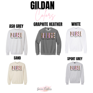Gildan NURSE love inspire heal crewneck in ash grey, graphite heather, white, sand, and sport grey