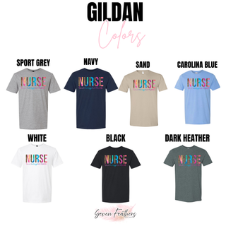 Nurse Rainbow Leopard Shirt Gildan tee in sport grey, navy, sand, carolina blue, white, black, dark heather