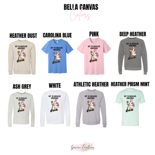 Bella Canvas color options for the Off to Regulate Emotions Duck Top including heather dust, carolina blue, pink, deep heather, ash grey, white, athletic heather, and heather prism mint tees and crewnecks
