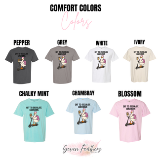 Comfort Colors tee color options for the Off to Regulate Emotions Duck Top including pepper, grey, white, ivory, chalky mint, chambray, and blossom
