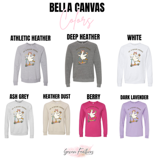 Bella Canvas color chart for off to regulate emotions goose design showing Athletic Heather, Deep Heather, White, Ash Grey, Heather Dust, Berry, and Dark Lavender