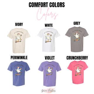 Comfort Colors color chart for off to regulate emotions goose design showing Ivory, White, Grey, Periwinkle, Violet, and Crunchberry