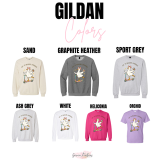 Gildan color chart for off to regulate emotions goose design showing Sand, Graphite Heather, Sport Grey, Ash Grey, White, Heliconia, and Orchid