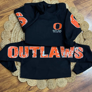 Black Ogden Outlaws Wrestling Club crewneck with small chest graphic and oversized orange lettering on both sleeves.