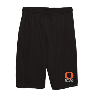 Ogden Outlaws Wrestling Club Pocket Logo Cooling Performance Shorts in black with small orange O and Outlaws Wrestling Club logo on the leg