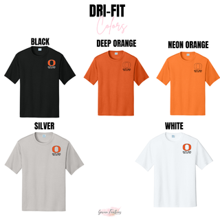 Ogden Outlaws Wrestling Club Pocket Logo Dri-Fit Performance Tee color options: Black, Deep Orange, Neon Orange, Silver, and White with left chest logo
