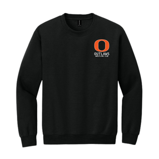 Ogden Outlaws Wrestling Club Pocket Logo Top in black crewneck sweatshirt, flat lay, with a small orange O and Outlaws Wrestling Club logo on the left chest