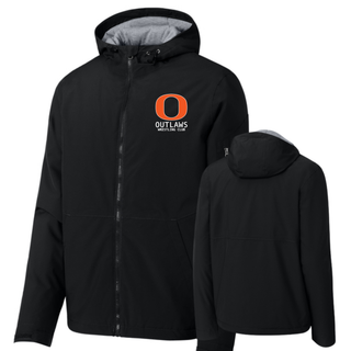 Ogden Outlaws Wrestling Club Pocket Logo Waterproof Insulated Jacket in black, front and back flat lay, with small logo on the left chest