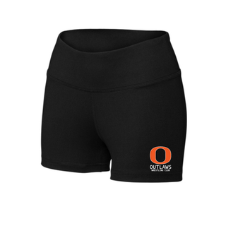Ogden Outlaws Wrestling Club Pocket Logo Women's Interval Performance Shorts in black on model with small logo on the lower left leg