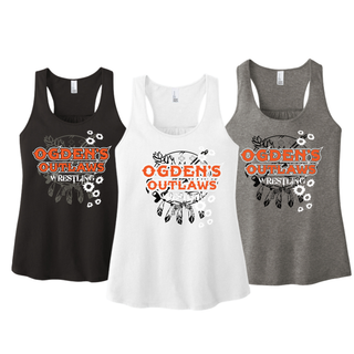 Ogden Outlaws Wrestling Club Rustler women's racerback tank shown in Black, White, and Grey Frost