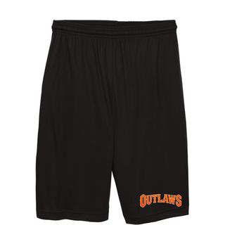 Black cooling performance shorts with distressed orange Outlaws block lettering outlined in white and black on the lower leg