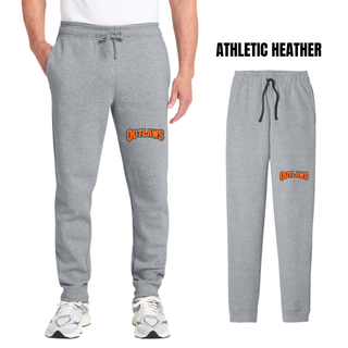 Men's athletic heather grey fleece joggers on a model with orange Outlaws block lettering on the leg, plus flat lay