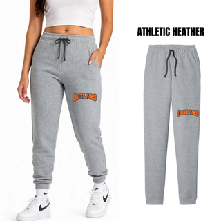 Women's athletic heather grey fleece joggers on a model with orange Outlaws block lettering on the leg, plus flat lay