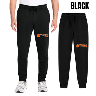 Men's black fleece joggers on a model with distressed orange Outlaws block lettering on the leg, plus flat lay